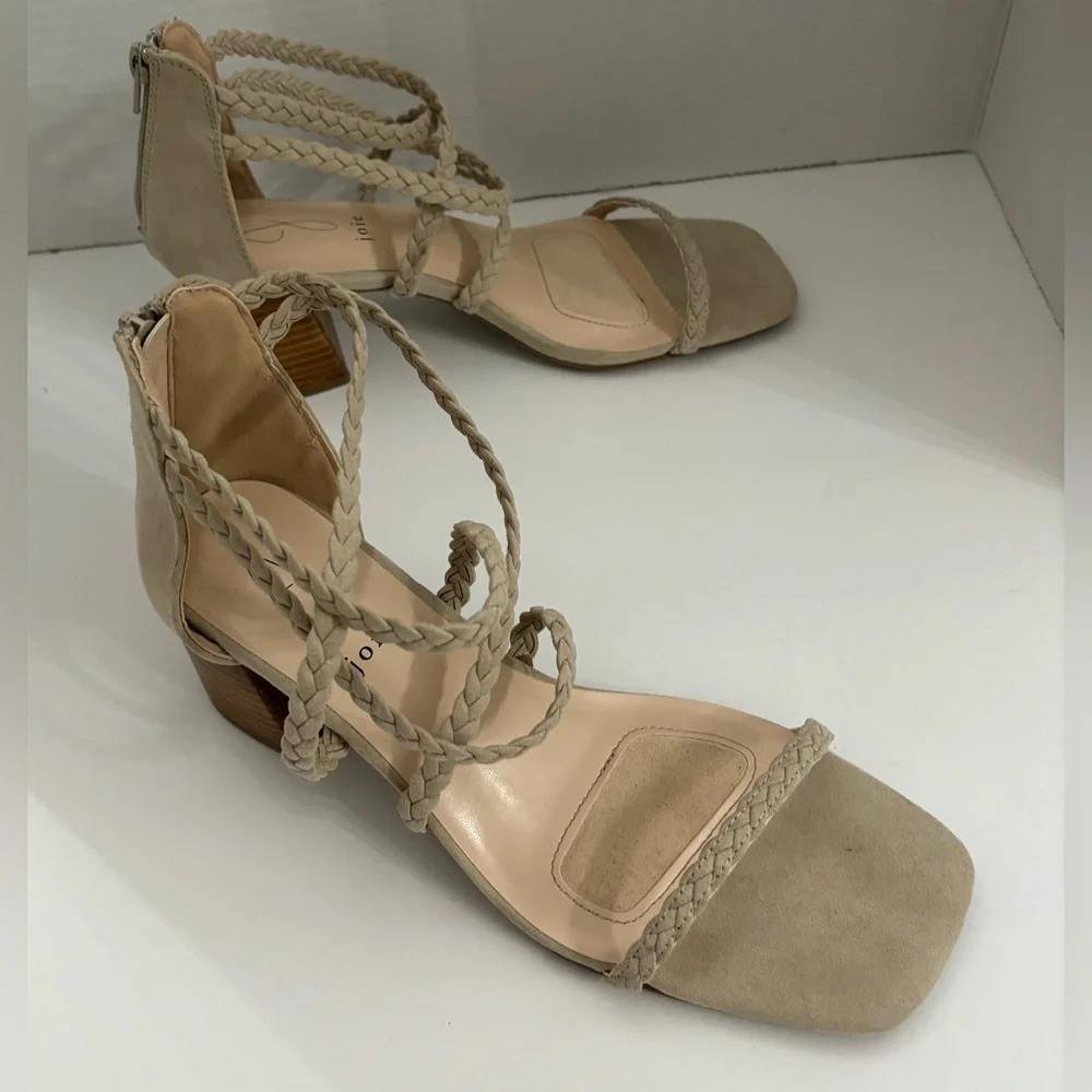 Joie Felina Women Beige Braided Open Toe Strappy Block Heel Sandals Size 9.5